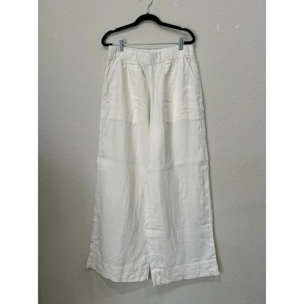 Beyond Yoga White 100% Linen Wide Leg Elastic Waist Patch Pocket Pants Large